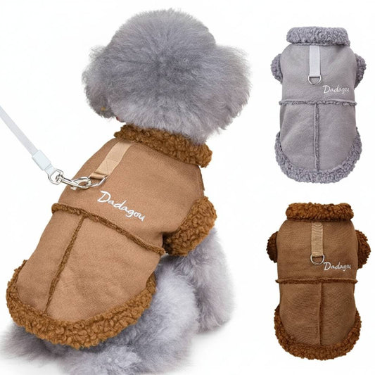 Winter Dog Jacket with Warm Fur Collar - Suede Pet Coat