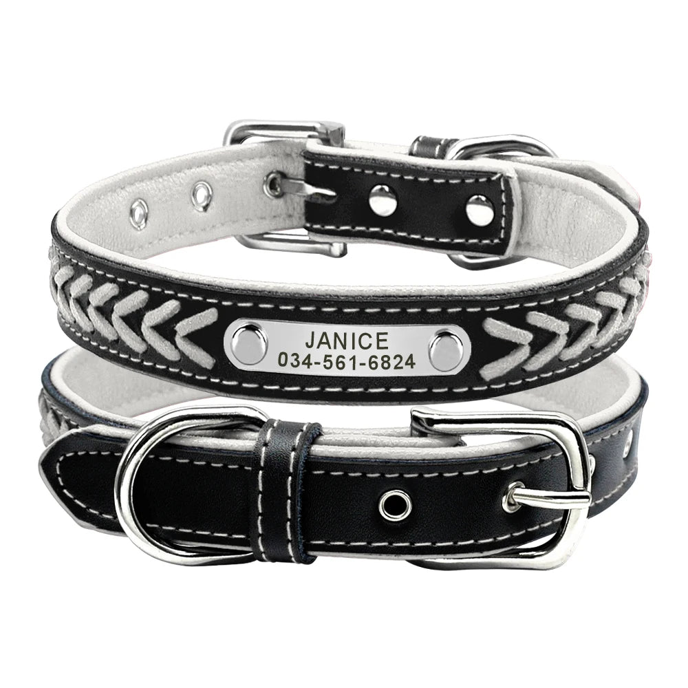Custom Leather Dog Collar - Personalized Engraved Name Plate White