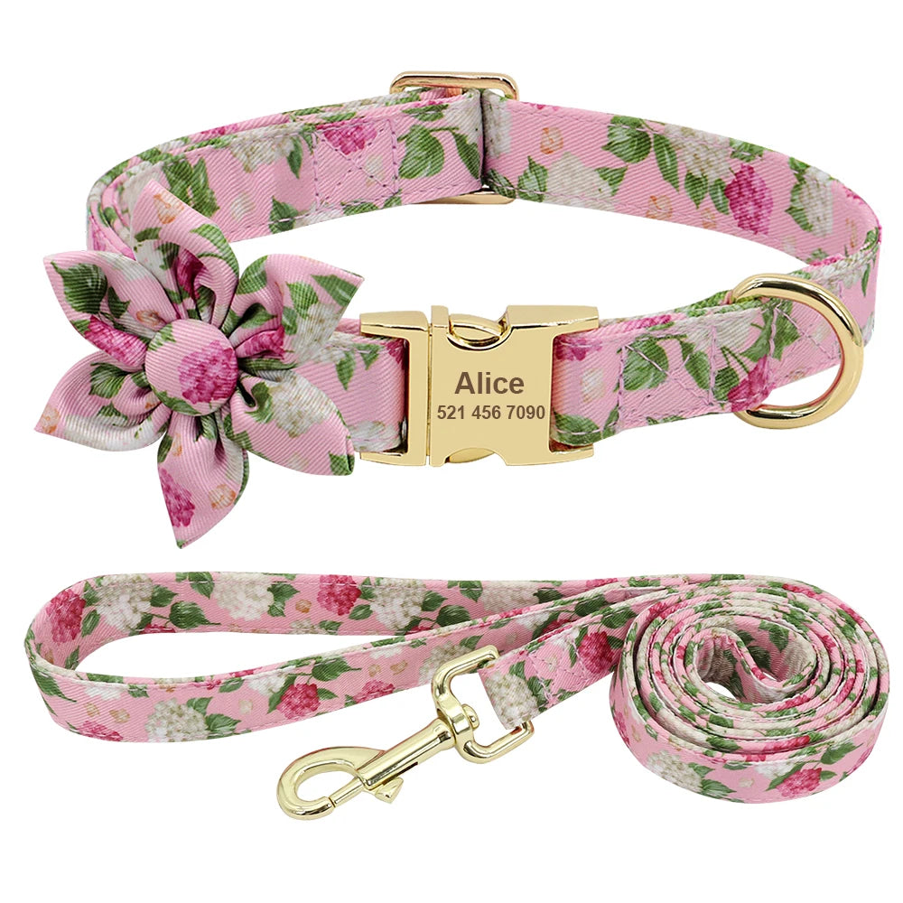 Custom Engraved Dog Collar with Leash Set - Personalized Pet ID Pink Set