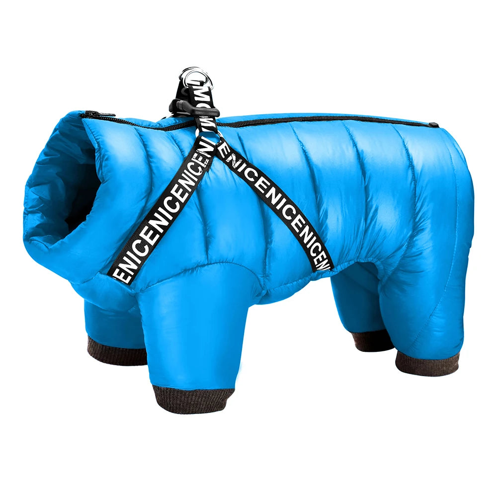 Warm Winter Dog Coat with Harness - Thick Cotton Down Jacket Blue