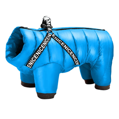 Warm Winter Dog Coat with Harness - Thick Cotton Down Jacket Blue