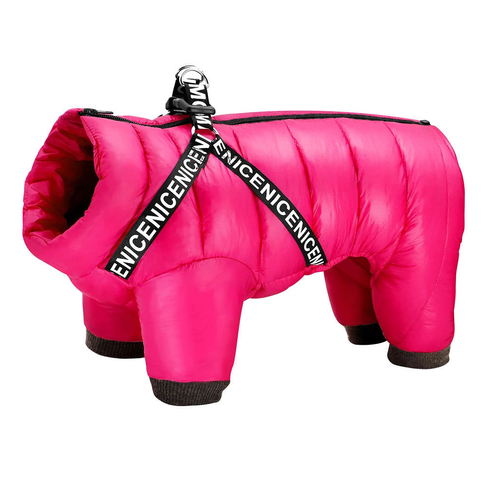 Warm Winter Dog Coat with Harness - Thick Cotton Down Jacket Rose