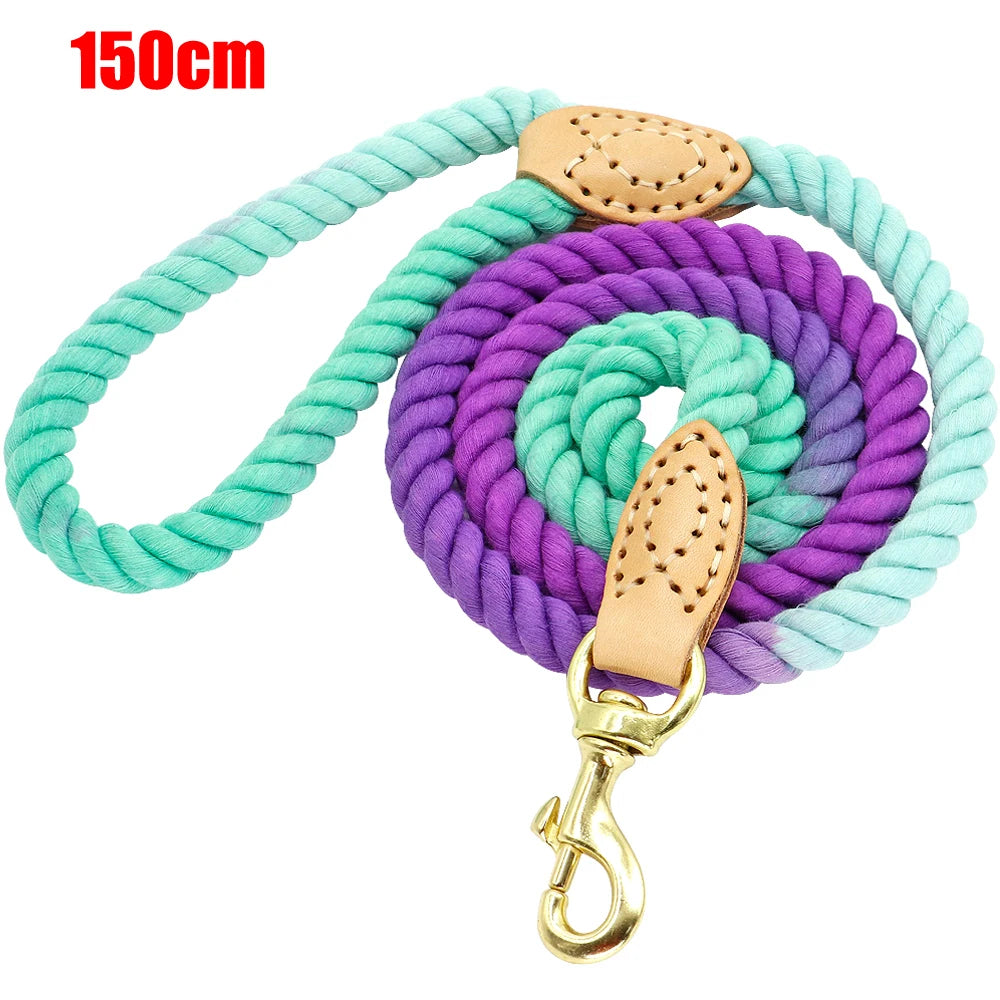 Colorful Rainbow Dog Leash - Premium Cotton Round Lead Rope Rose L