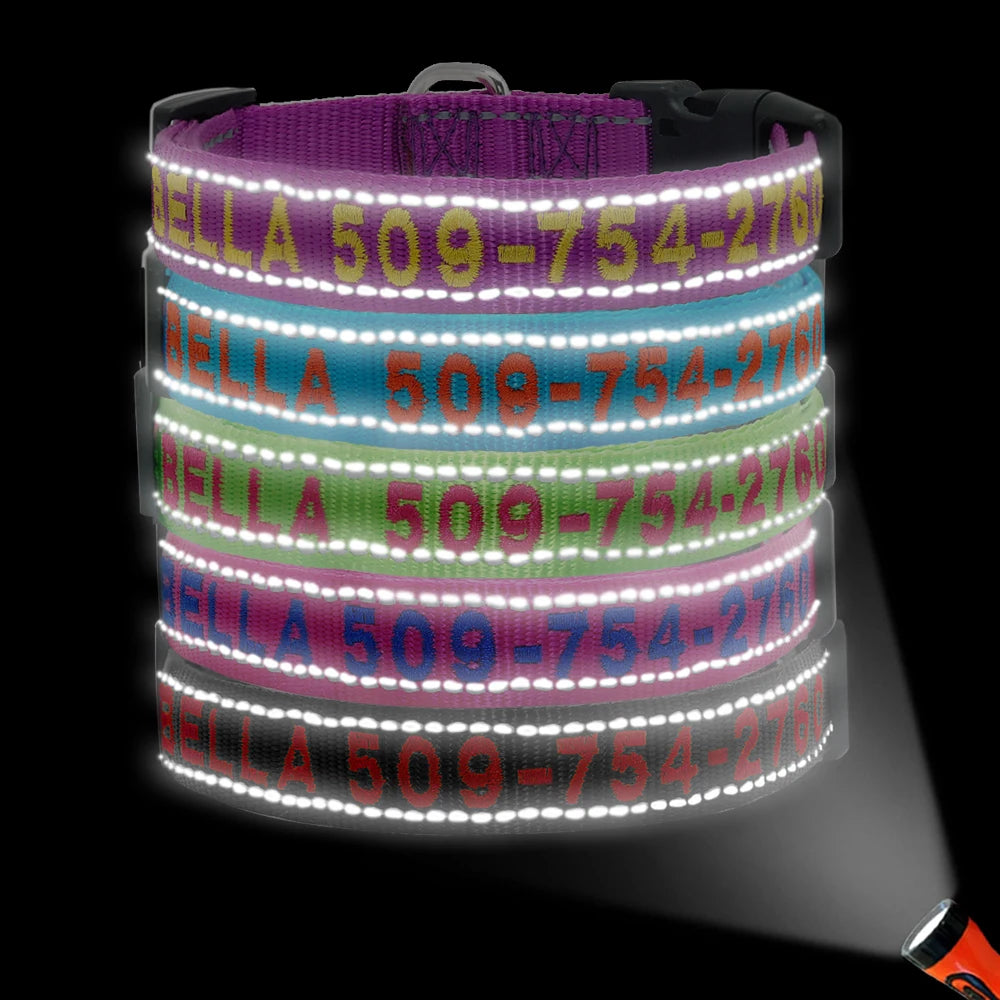 Personalized Reflective Dog Collar - Custom Embroidered Name & Phone
