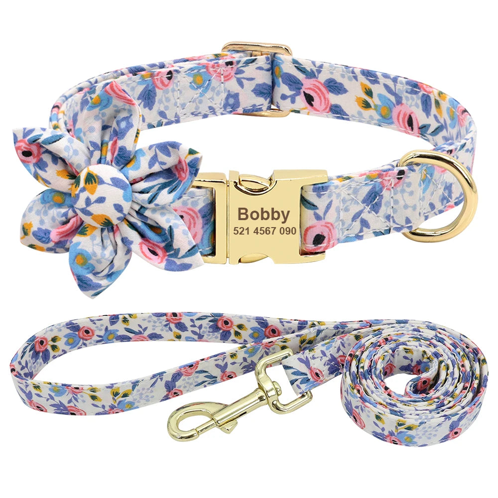 Custom Engraved Dog Collar with Leash Set - Personalized Pet ID Blue Set