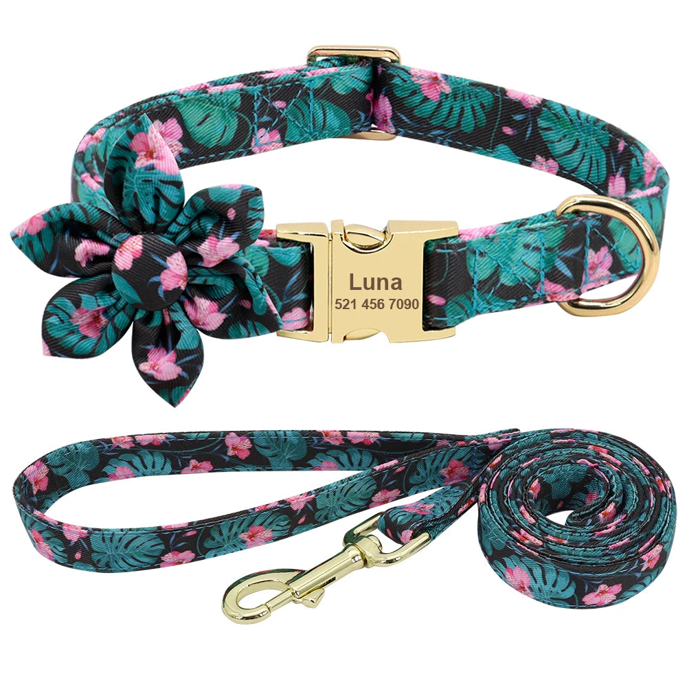 Custom Engraved Dog Collar with Leash Set - Personalized Pet ID Green Set