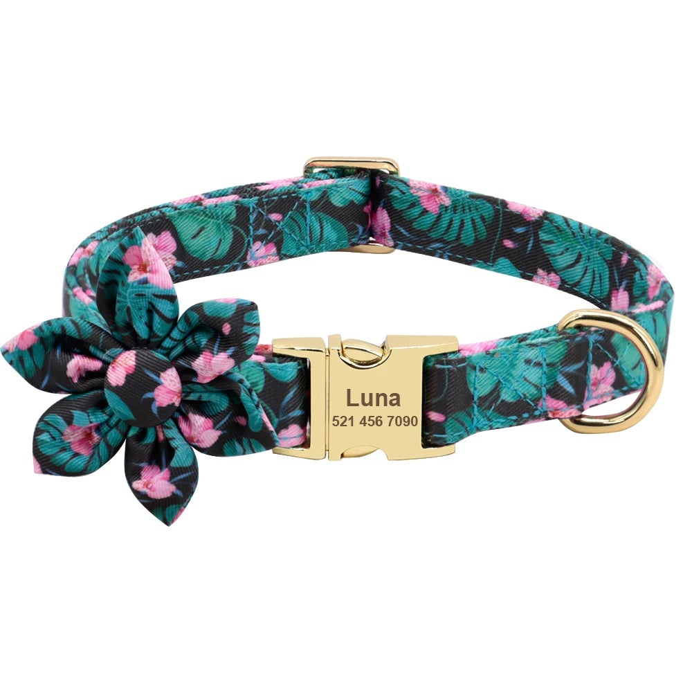Custom Engraved Dog Collar with Leash Set - Personalized Pet ID Green Collar