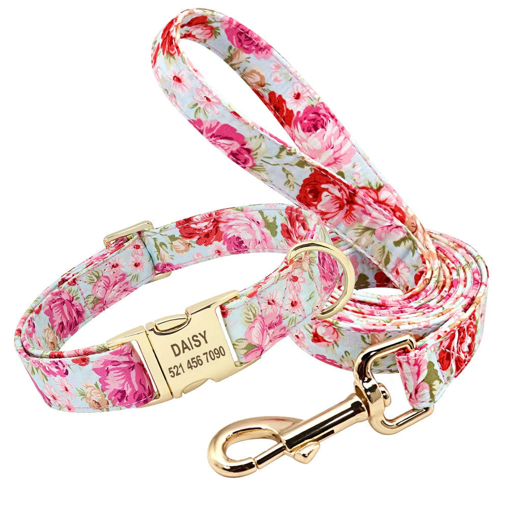 Personalized Dog Collar and Leash Set with Custom ID Tag Pink