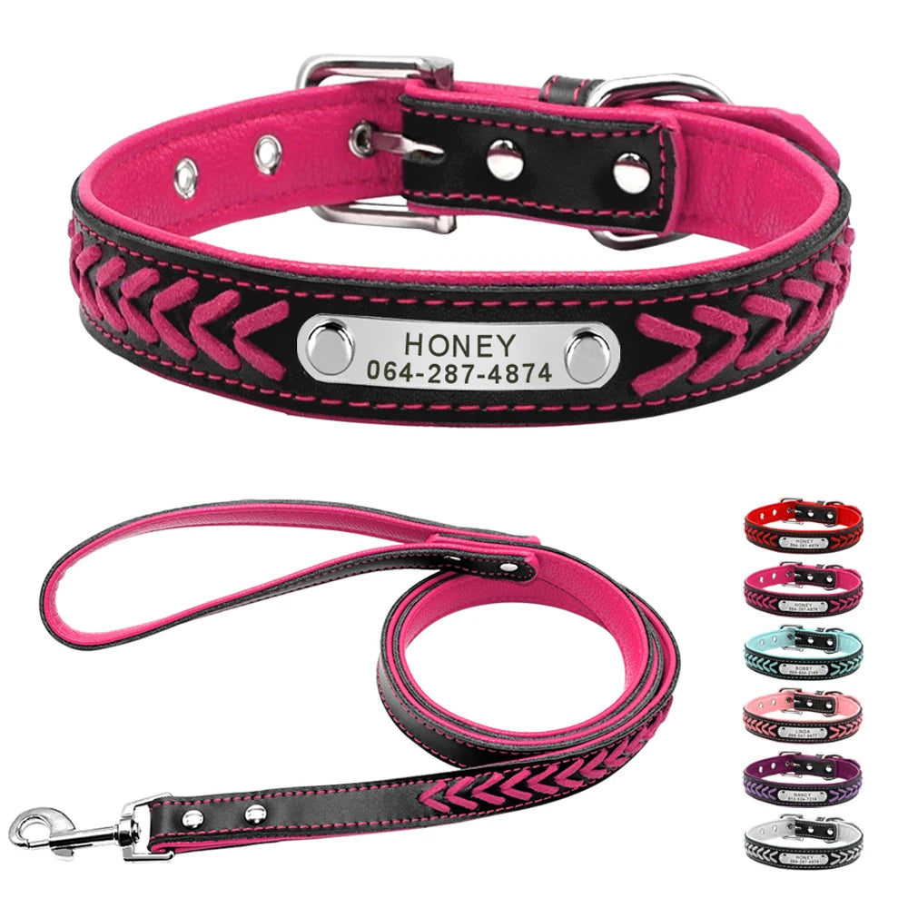 Custom Leather Dog Collar - Personalized Engraved Name Plate Rose set