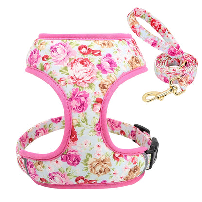 Dog Harness and Leash Set - Breathable Padded Vest with Floral Print Pink Set