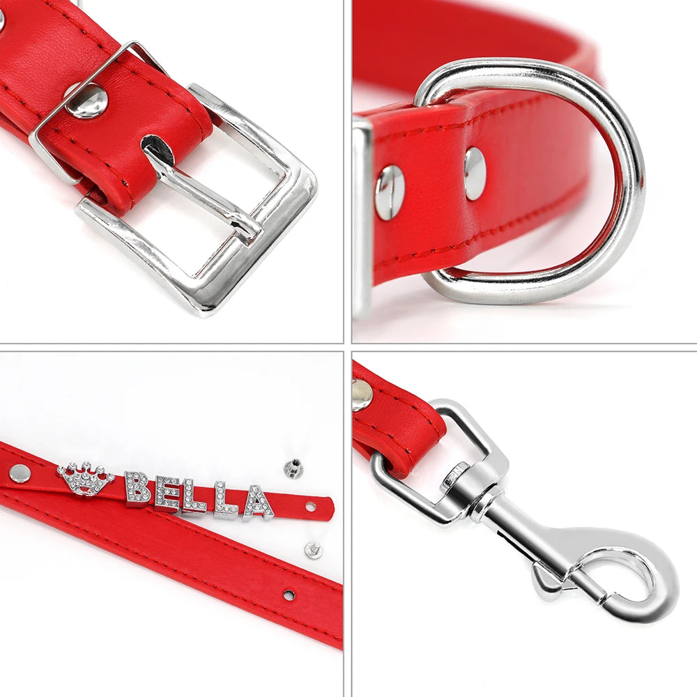 Personalized Dog Collar and Leash Set with Rhinestone Charm - Custom Pet Collar for Small to Large Dogs