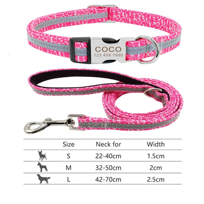 Reflective Dog Collar & Leash Set - Custom Engraved Night Safety 095PINK
