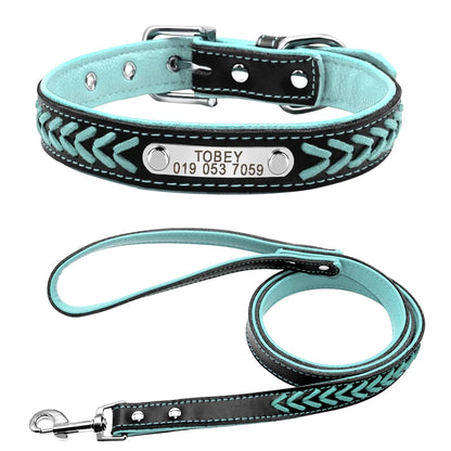 Custom Leather Dog Collar - Personalized Engraved Name Plate Blue set