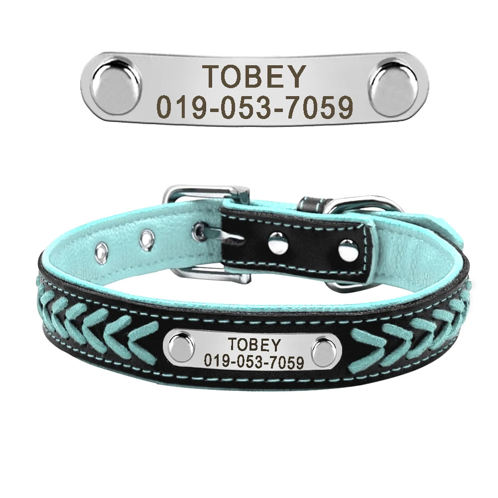 Custom Leather Dog Collar - Personalized Engraved Name Plate Blue