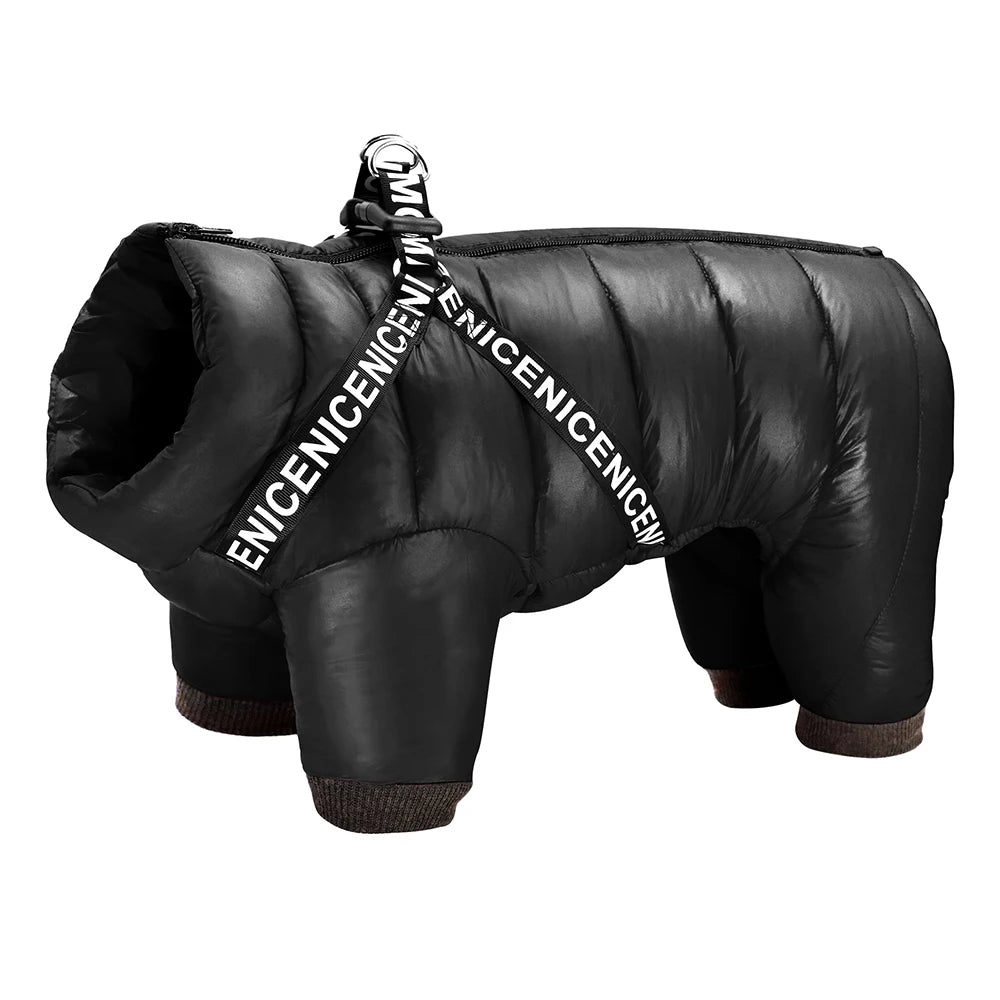 Warm Winter Dog Coat with Harness - Thick Cotton Down Jacket Black