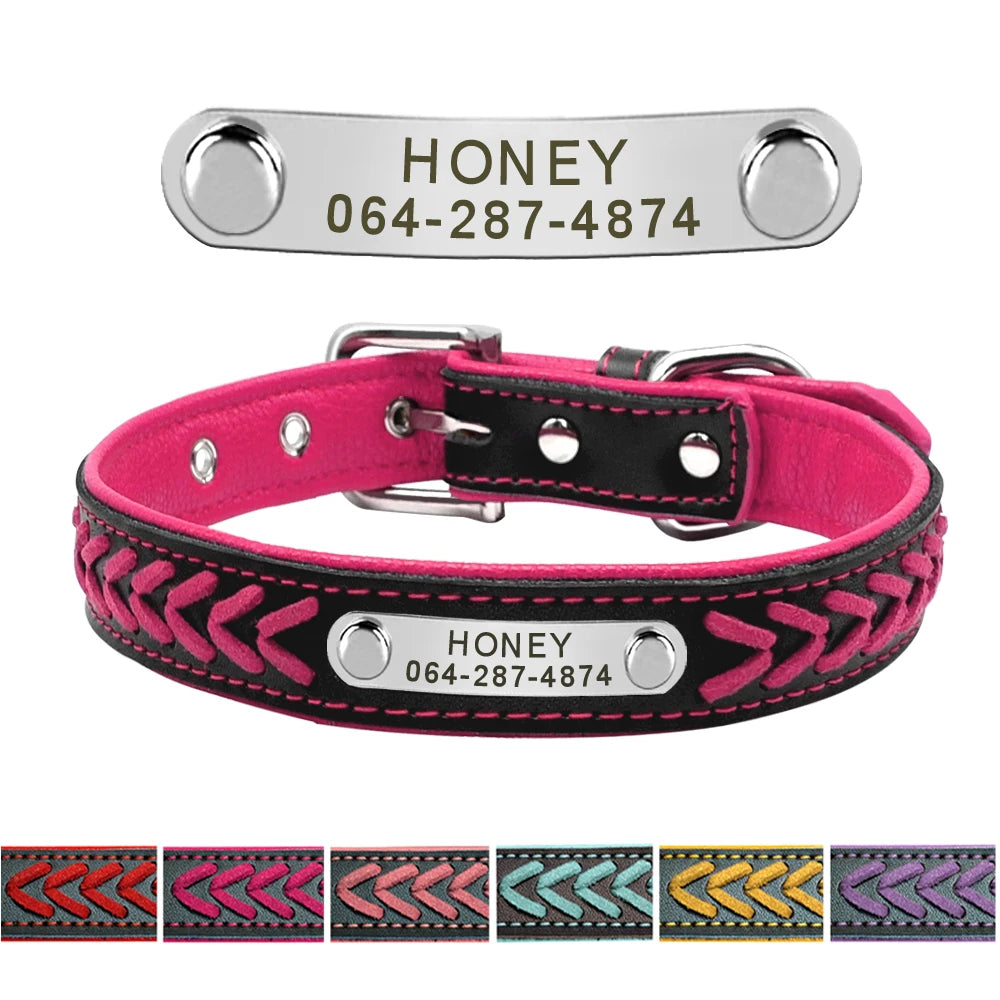 Custom Leather Dog Collar - Personalized Engraved Name Plate Rose
