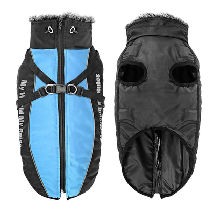 Reflective Dog Winter Jacket with Harness - Waterproof Warm Coat for Large Dogs Blue