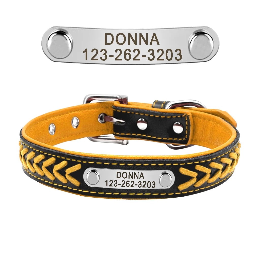Custom Leather Dog Collar - Personalized Engraved Name Plate Yellow