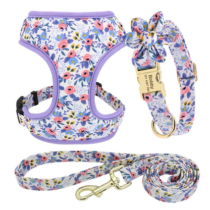 Custom Dog Collar Harness Set - Personalized Nylon Pet Kit Blue