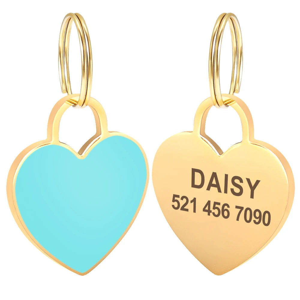 Heart Dog ID Tag Custom Engraved - Personalized Pet Safety Blue