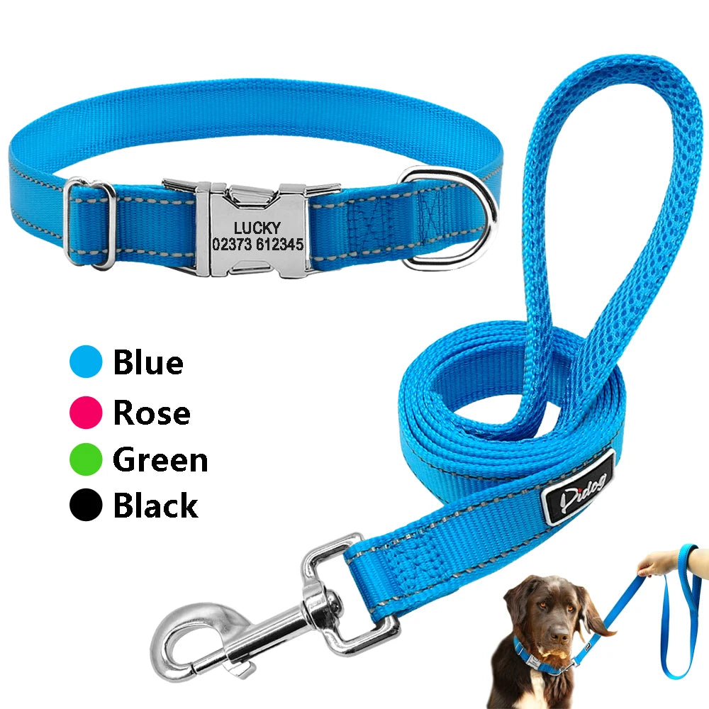 Reflective Dog Collar & Leash Set - Custom Engraved Night Safety