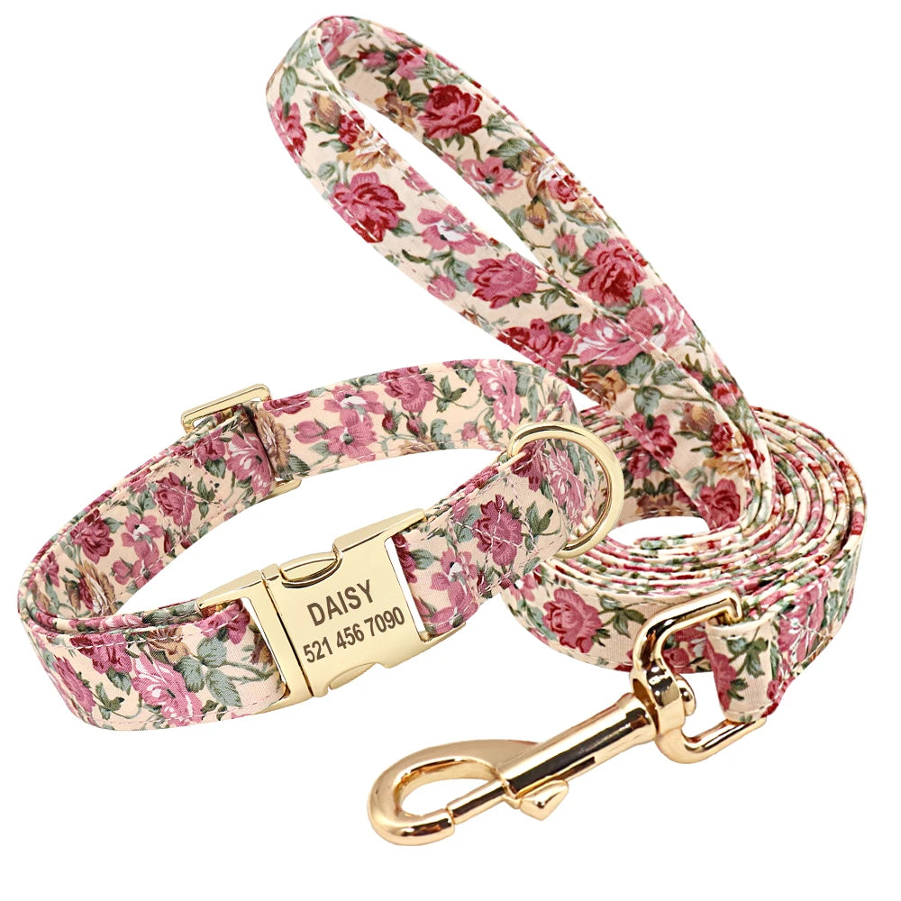 Personalized Dog Collar and Leash Set with Custom ID Tag Beige