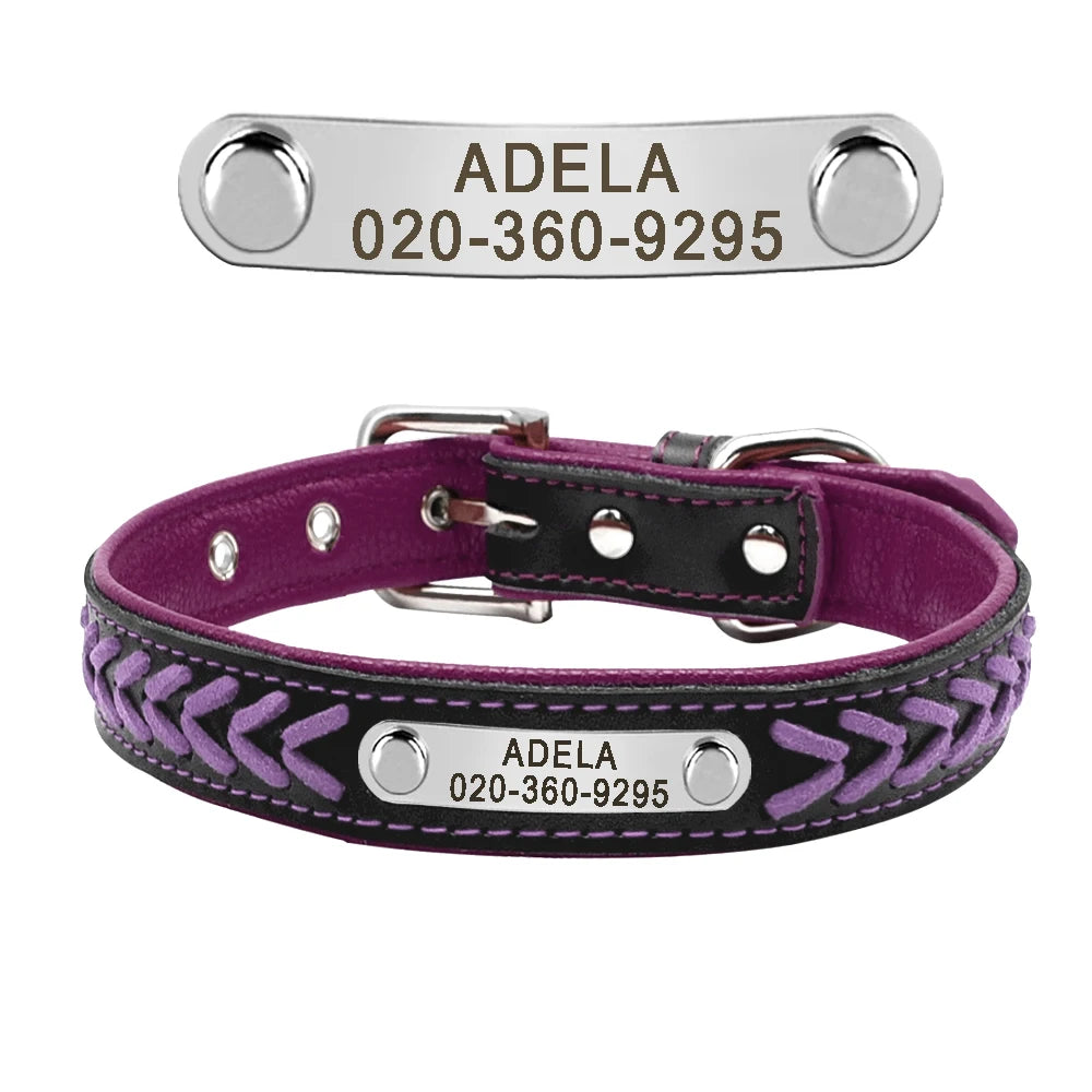 Custom Leather Dog Collar - Personalized Engraved Name Plate PURPLE
