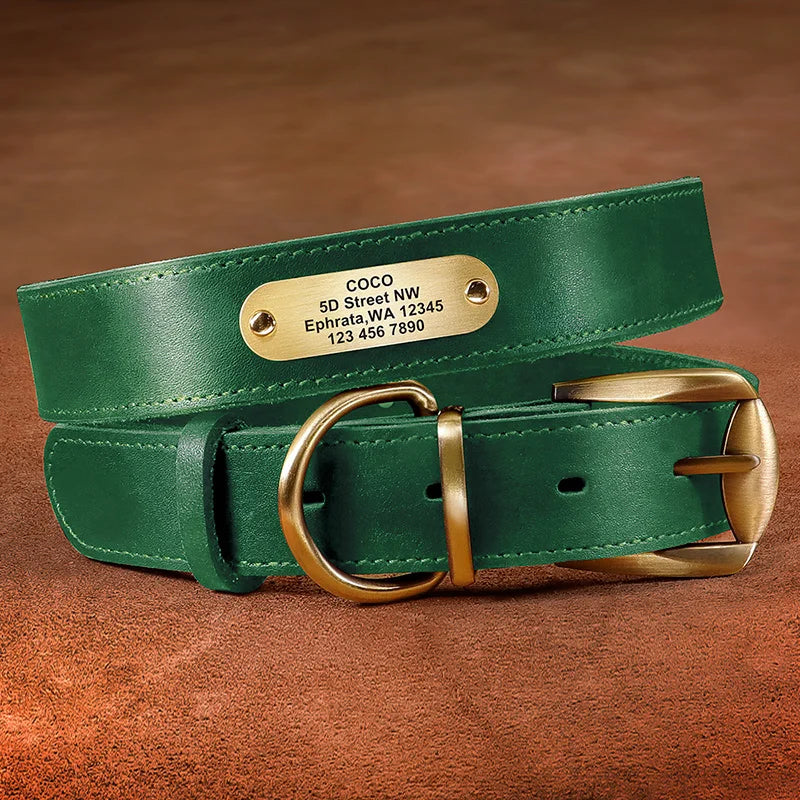 Personalized Leather Dog Collar with Custom Engraved ID Tag green