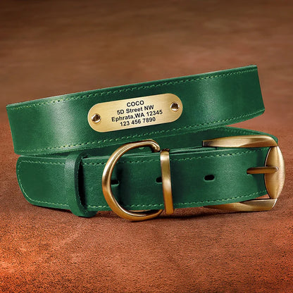 Personalized Leather Dog Collar with Custom Engraved ID Tag green