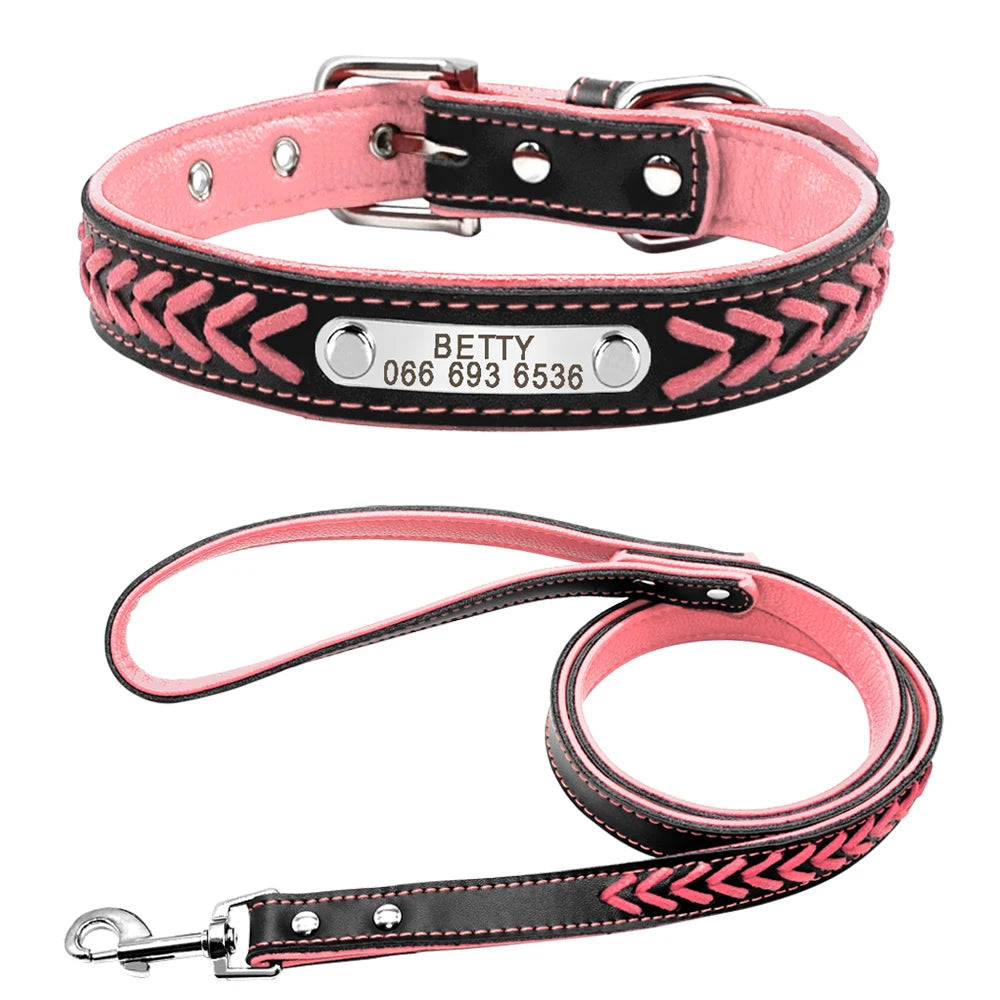 Custom Leather Dog Collar - Personalized Engraved Name Plate Pink set
