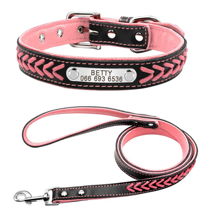 Custom Leather Dog Collar - Personalized Engraved Name Plate Pink set