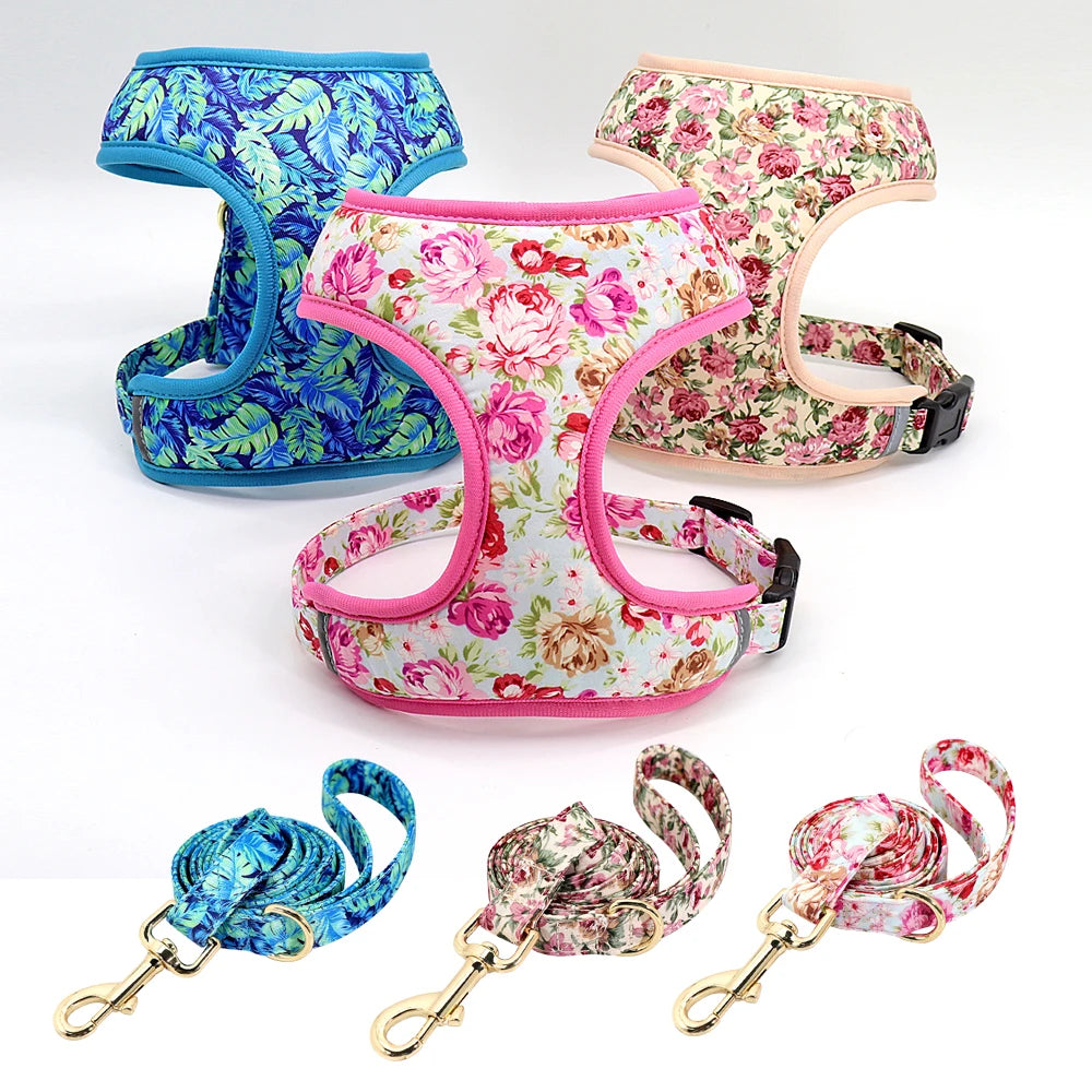 Dog Harness and Leash Set - Breathable Padded Vest with Floral Print