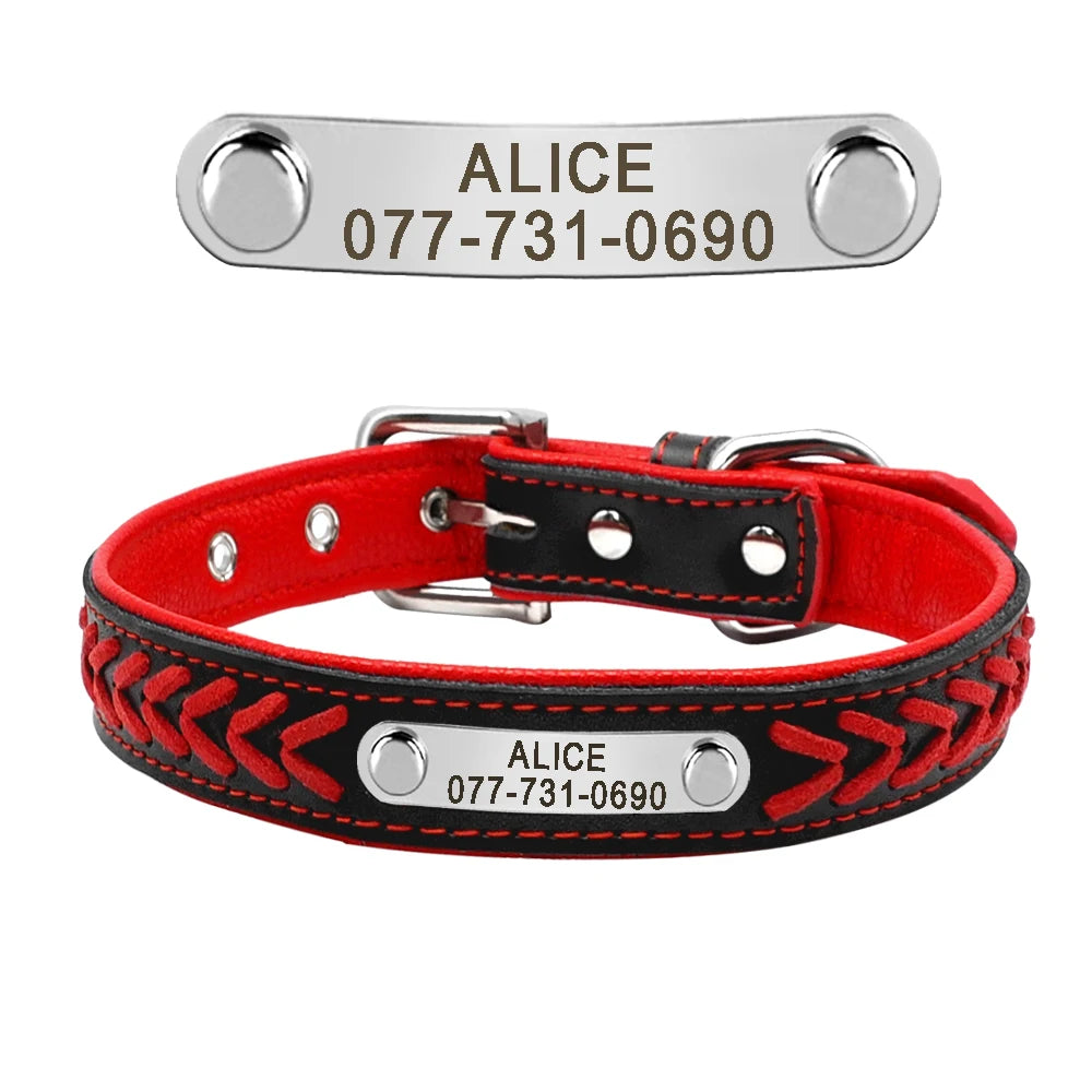 Custom Leather Dog Collar - Personalized Engraved Name Plate Red