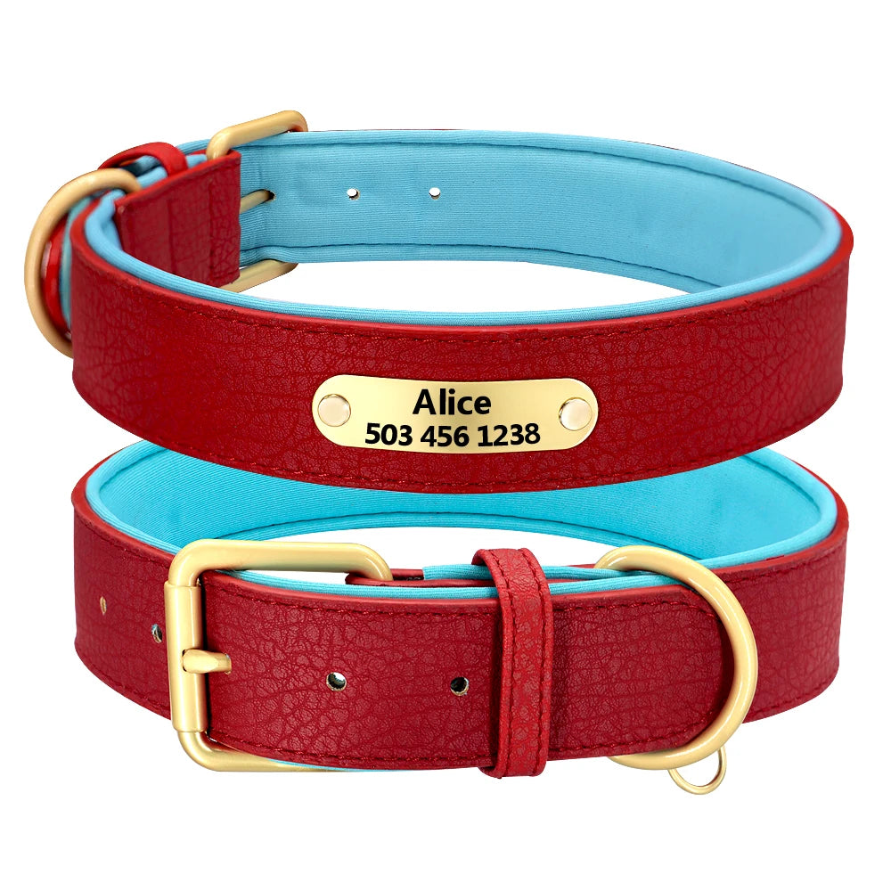 Custom Engraved Leather Dog Collar - Personalized ID Plate Red