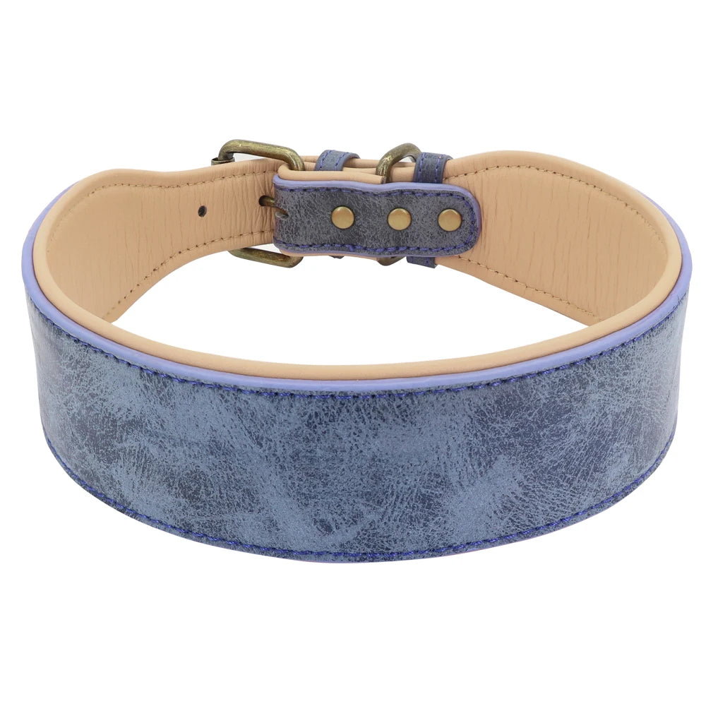 Wide Padded Leather Dog Collar for Large Dogs Blue