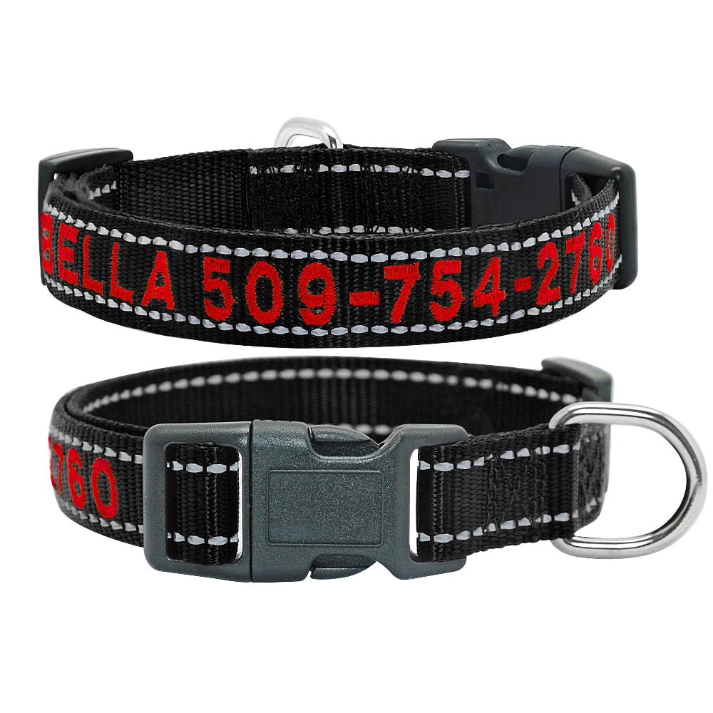 Personalized Reflective Dog Collar - Custom Embroidered Name & Phone 21 Black