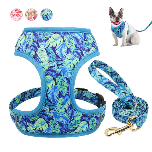 Dog Harness and Leash Set - Breathable Padded Vest with Floral Print