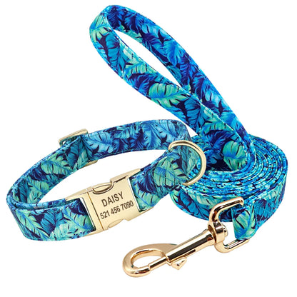 Personalized Dog Collar and Leash Set with Custom ID Tag Blue