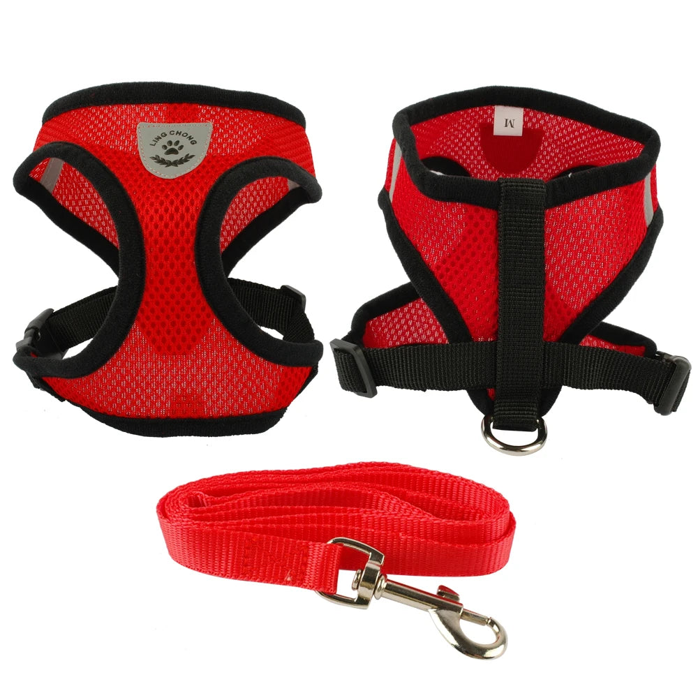 Breathable Mesh Dog Harness & Leash Set - Small Pet Vest Collar Red