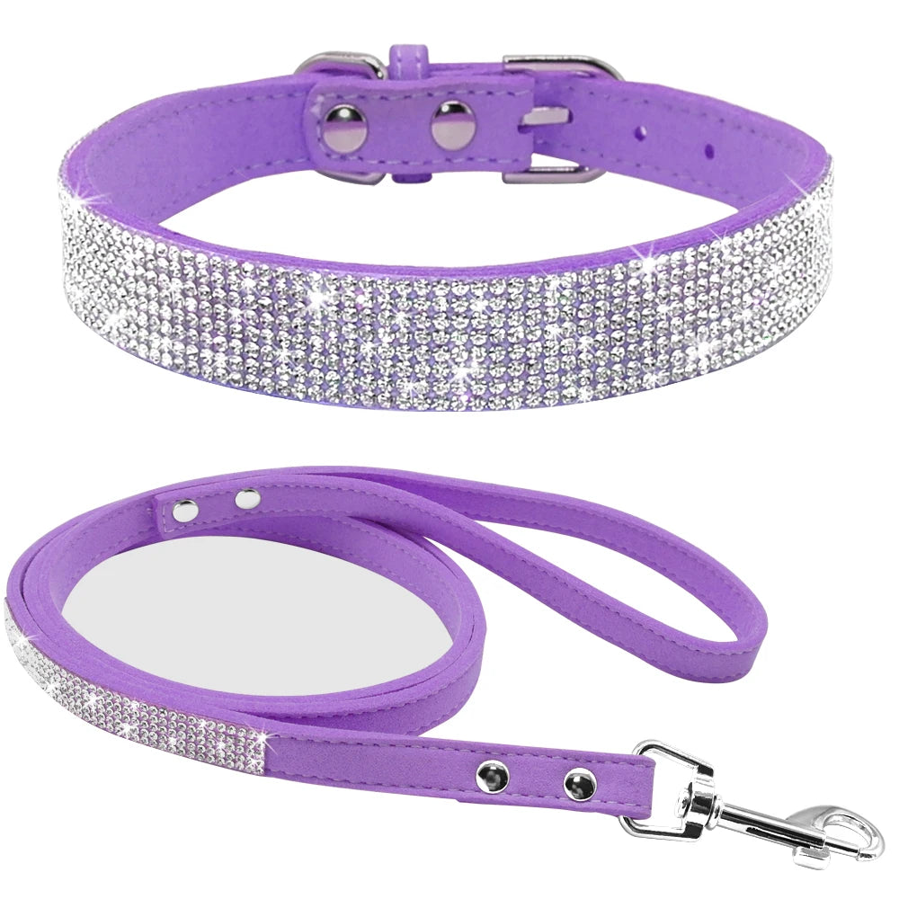 Rhinestone Dog Collar & Leash Set - Suede Leather Pet Accessories