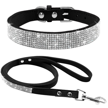 Rhinestone Dog Collar & Leash Set - Suede Leather Pet Accessories