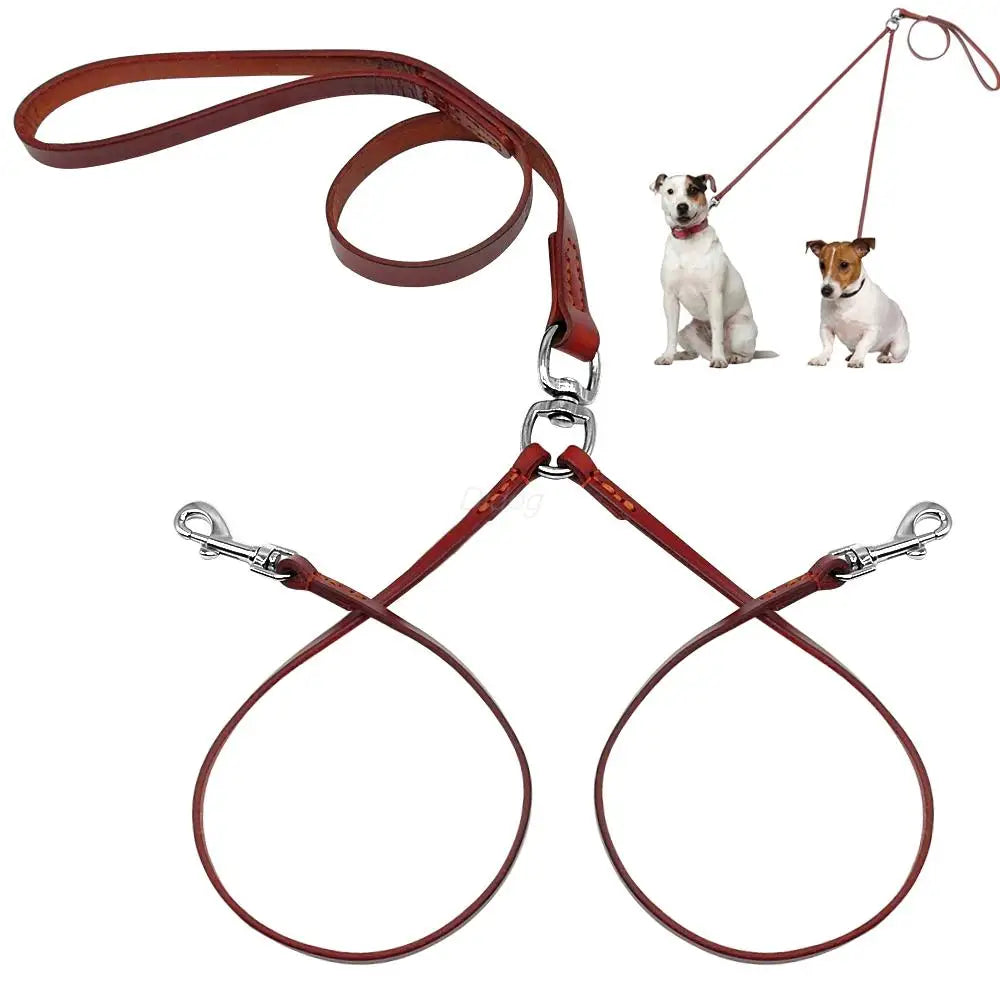 Double Dog Leash Leather Coupler for Walking Two Small Dogs