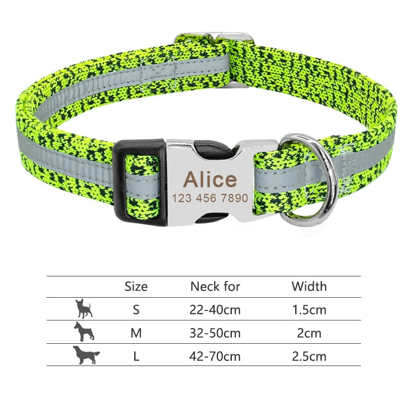 Personalized Dog Collar with Engraved ID - Reflective Nylon Safety 095-Green