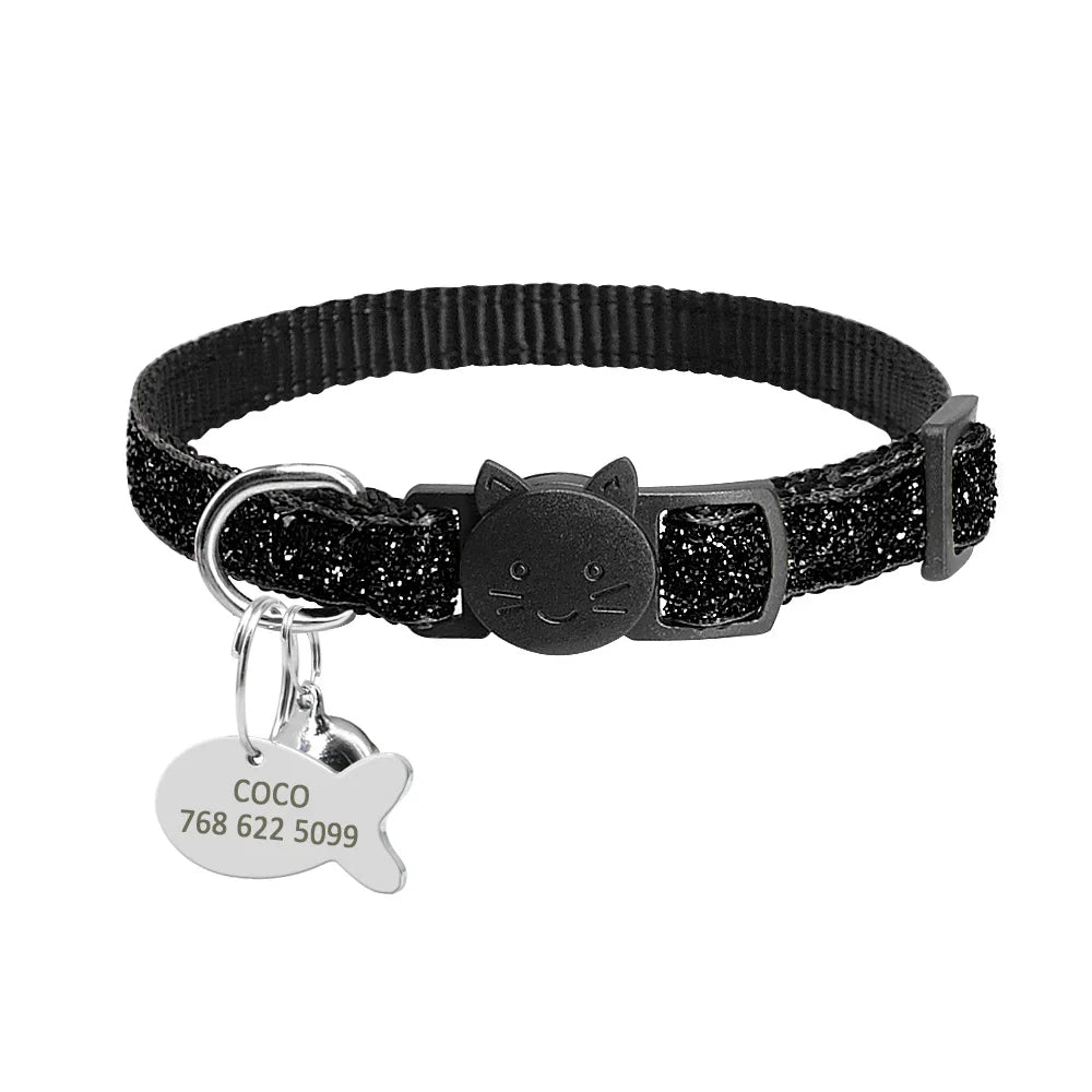 Personalized Cat Collar with Safety Breakaway & Bell - Custom Bling Black