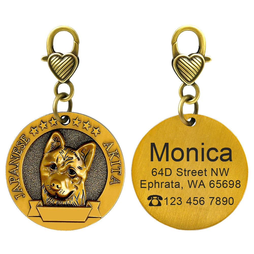 Personalized Dog ID Tag Copper Plated - Custom Engraved Pet Nameplate Japanese Akita M
