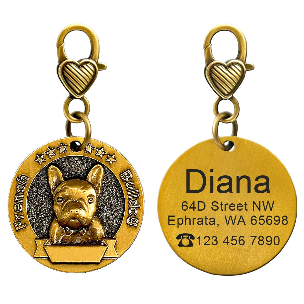 Personalized Dog ID Tag Copper Plated - Custom Engraved Pet Nameplate French Bulldog M