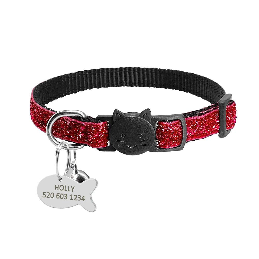 Personalized Cat Collar with Safety Breakaway & Bell - Custom Bling Red