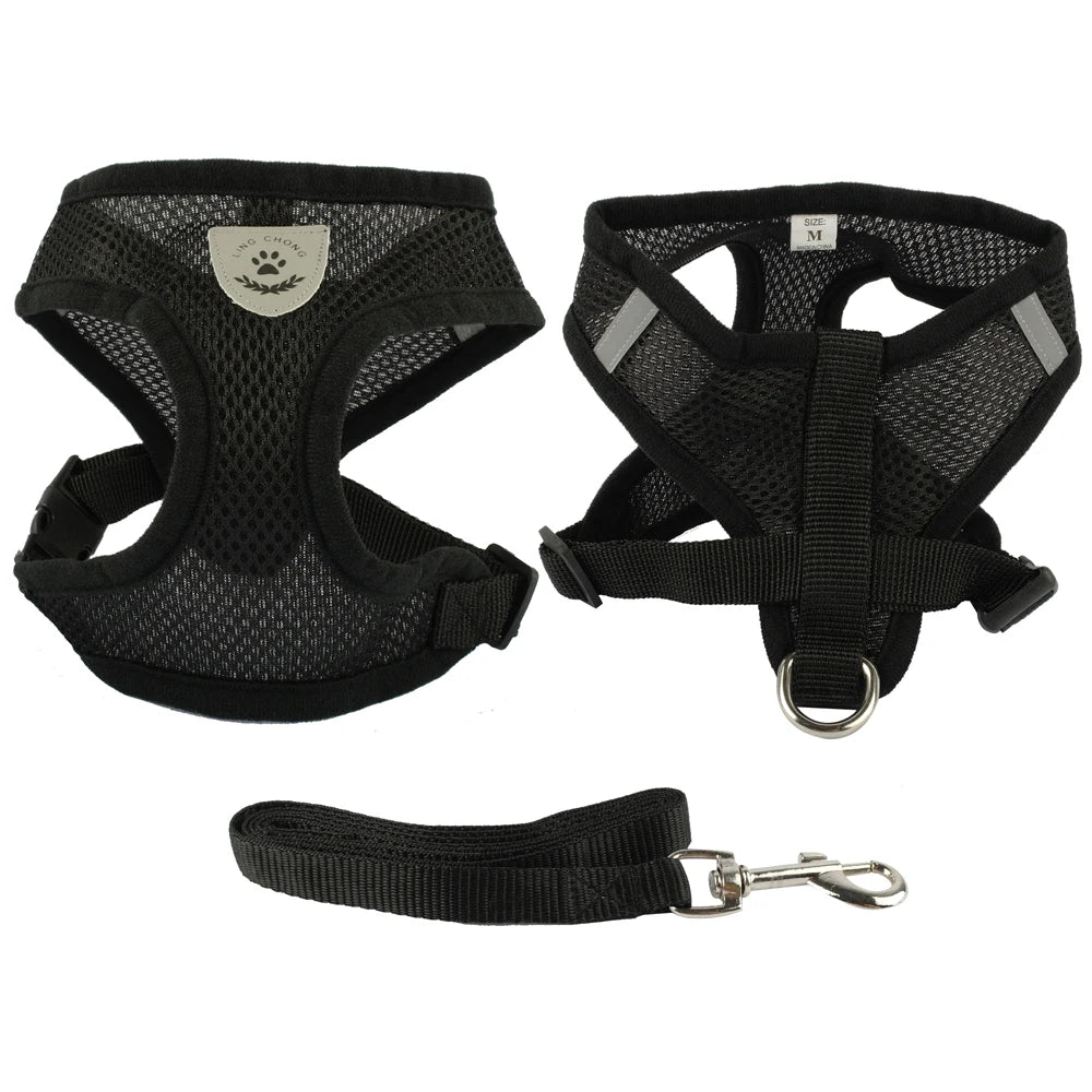 Breathable Mesh Dog Harness & Leash Set - Small Pet Vest Collar Black