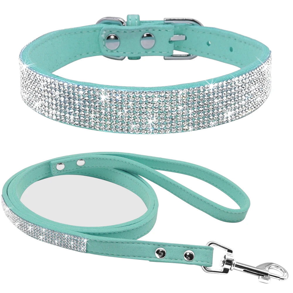 Rhinestone Dog Collar & Leash Set - Suede Leather Pet Accessories Blue