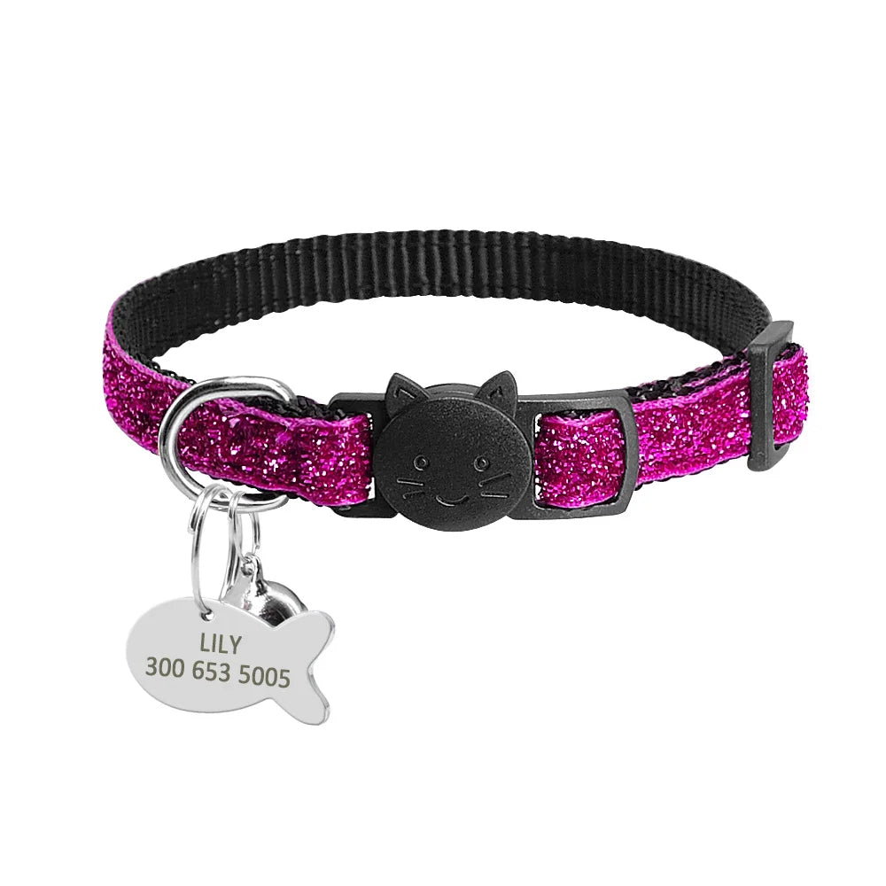 Personalized Cat Collar with Safety Breakaway & Bell - Custom Bling Hot Pink